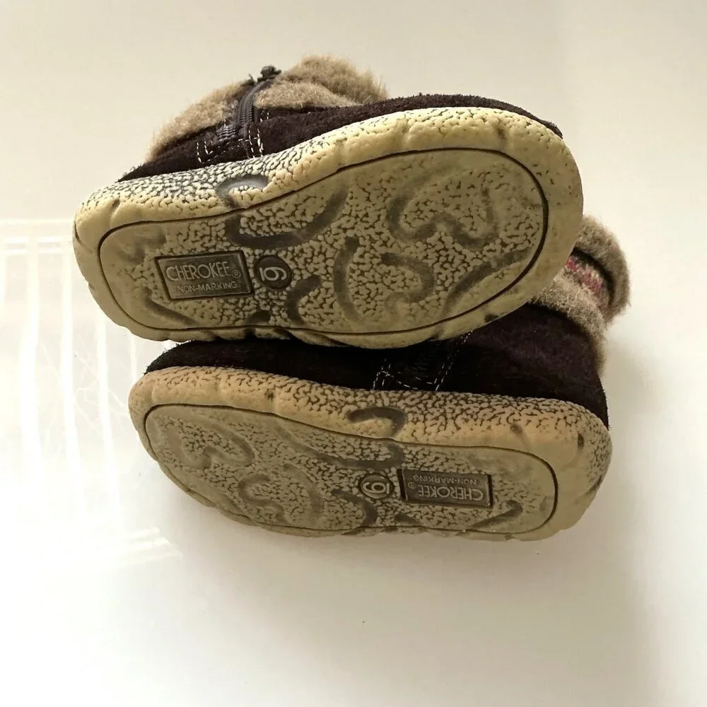 Cherokee Toddler Girls Winter Boots Size 6 Brown Suede Fair Isle Pom -Pom